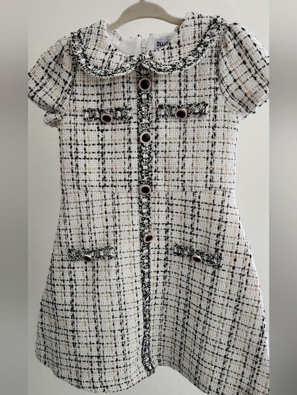 Blueberi Boulevard Cream & Black Tweed Peter Pan Collar Dress